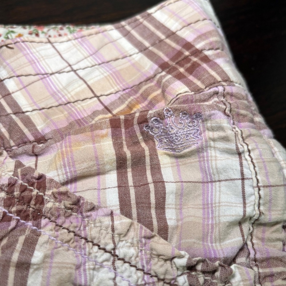 Y2K VTG Mcbling Plaid Low Rise Ruched Side Tie Shorts Brown Purple Size 5/6 Indi - Picture 7 of 14